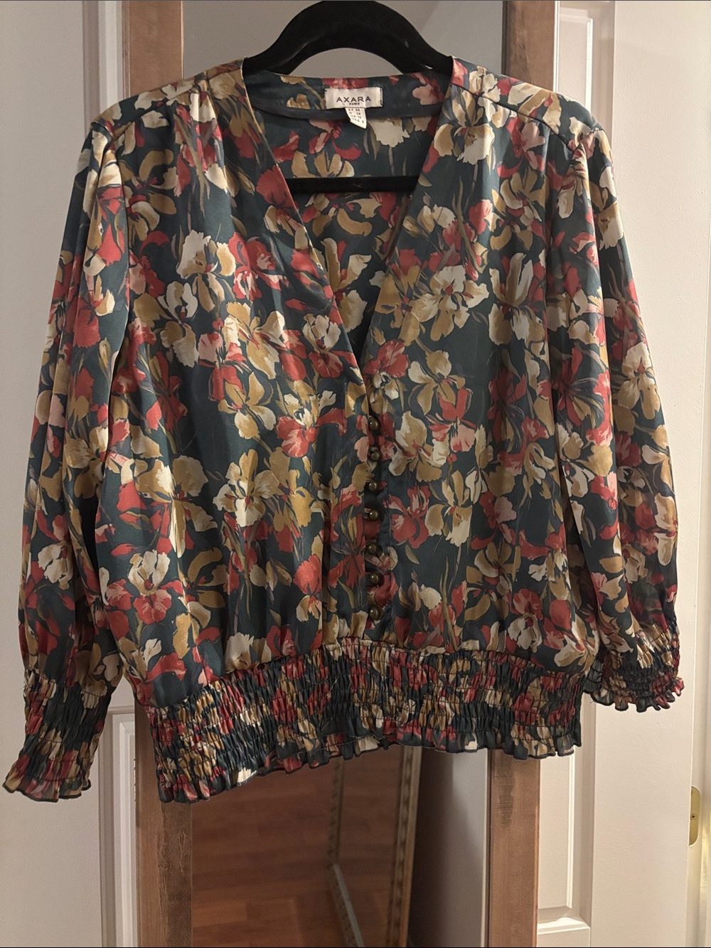 Dark Green Floral Button-Front V-Neck Blouse